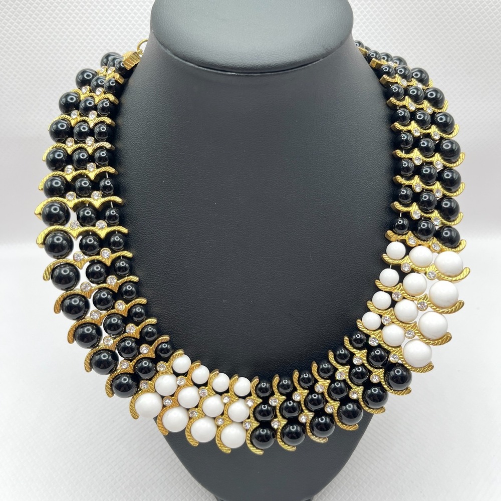 IMAN Statement Collar Necklace Black White Bead Rhinestone Egyptian Cleopatra
